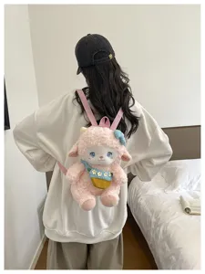 Detailed back view of the cute pink plush lamb backpack showing fluffy texture and cute design style.