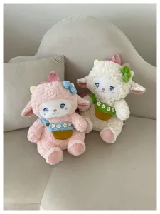 Cute cartoon sheep plush backpack, fluffy lamb school bag with floral accessory for daily style.