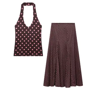 Women Halter Neck Polka Dot Top And Bottom Ruched Sleeveless Vest Top And High Waist Maxi Skirt Set Streetwear Co-ords