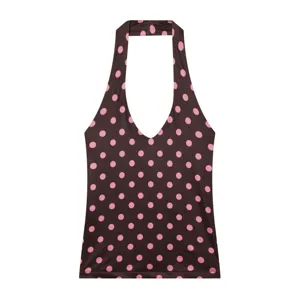 Women's brown and pink polka dot halter top, stylish sleeveless summer casual shirt.