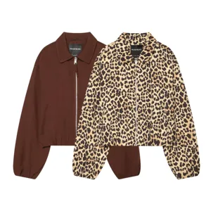 Women Vintage Polyester Lapel Jacket Oversized Fashion Leopard Printed Zipper Outerwear Bubble Hem Casual Solid Color Top
