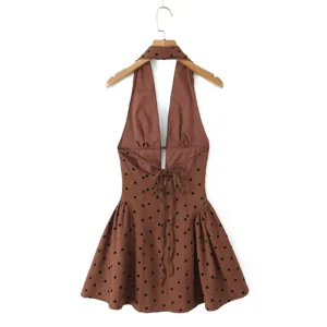 Braunes französisches süßes und würziges ärmelloses Polka-Dot-Kleid, schlankes Minikleid.