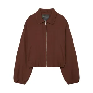 Brown vintage casual oversized zip up jacket with collar and bubble hem for women details.