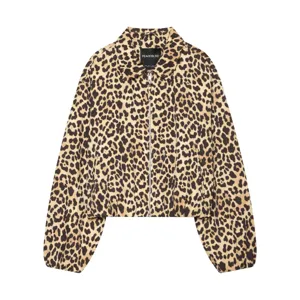 Vintage leopard print zip jacket with lapel and balloon sleeves for women casual fashion wear