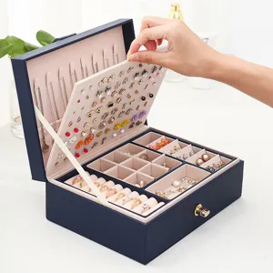 Large Capacity Double Layer PU Leather Jewelry Box For Women Rhinestone Lock Earrings Rings Necklace Storage Case Portable Organizer