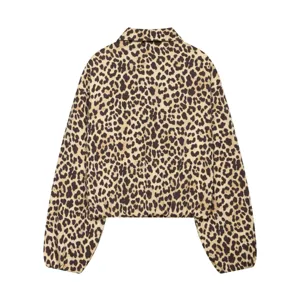 Women leopard print casual vintage collared oversized jacket with bubble hem detail.