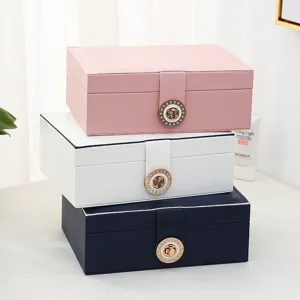 Double layer leather jewelry box large capacity earring ring storage organizer display case
