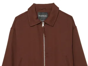 Detailed view of women casual brown vintage zip up jacket with collar oversized design.