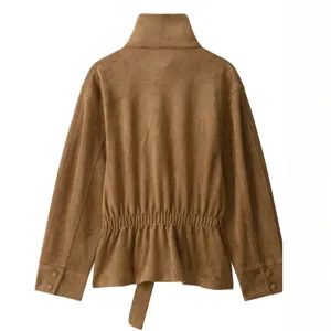 Chaqueta marrón de ante sintético para mujer elegante cuello alto abrigo informal con cinturón