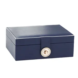 Dark blue leather jewelry box double layer organizer for rings and earrings main image