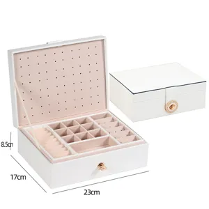 White leather double layer jewelry box large capacity ring earring storage organizer display case
