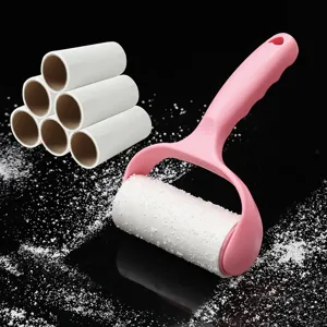 Lint roller for pet hair removal with refill rolls, sticky clothes brush for home cleaning use.