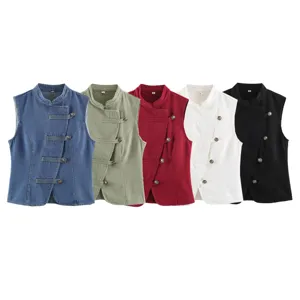 Women Retro Denim Vest Stand Collar Frog Knot Button Sleeveless Denim Top Casual Solid Color Vintage Waistcoat Clothing