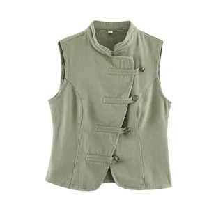 Close-up detail of the stylish retro stand-collar sleeveless denim vest with knot buttons.