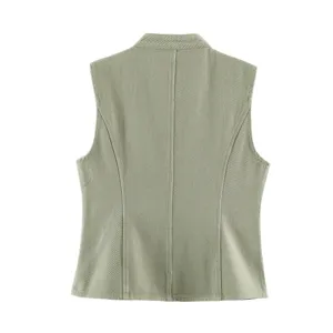 Back detail of casual light green denim vest, sleeveless slim fit cut, clean garment.