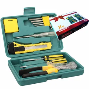 Detailed view of an 11-piece hardware tool set in a green plastic case, featuring versatile repair.