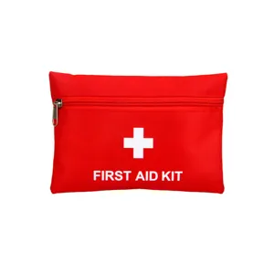 Portable red first aid bag for outdoor travel, emergency survival medical kit organizer.