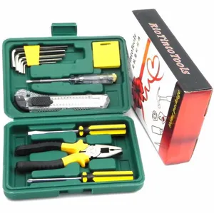 Car emergency hardware tool set with plastic storage box and multi-functional repair tools.
