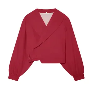 Detailed view of the stylish women wrap blouse featuring chic lapel and long lantern sleeves.