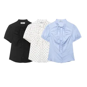 Elegante Top in Popeline da Donna Manica Corta Camicetta con Fiocco Moda Casual Plissé Tinta Unita Pois Camicie Abbigliamento
