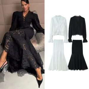 Women Lace Patchwork Top And Bottom Set Long Sleeve V Neck Lace Top High Waist Fishtail Skirt Elegant Street Wear Two Piece Outfit