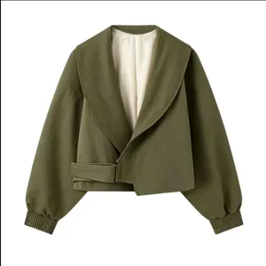 Olive green cropped lapel jacket women casual commuter long sleeve outerwear fashion coat