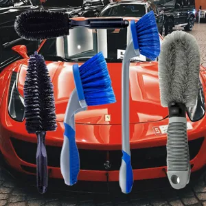 Car wheel cleaning brush set, multi-functional automotive tire and rim detailing brushes.