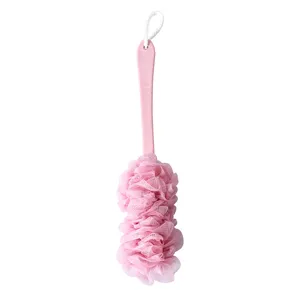 Long handle bath brush with pink mesh sponge loofah for back scrubbing and body shower cleaning.