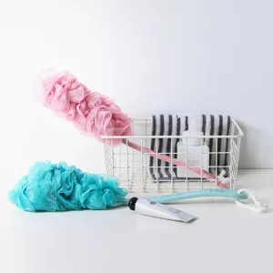 Long handle bath sponge brush with soft mesh for easy back scrubbing and body cleaning daily use.