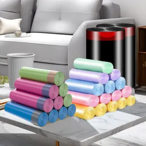 Colorful household drawstring garbage bags, heavy duty trash bags for daily cleaning.