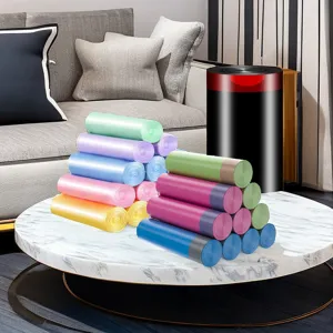 Colorful drawstring garbage bags for home cleaning, durable heavy duty waste bin liners pack