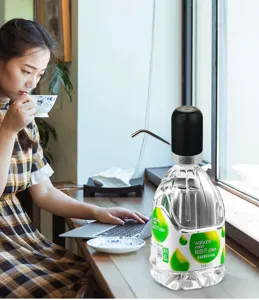 Detailed view of electric water dispenser pump in home office lifestyle setting, portable design.