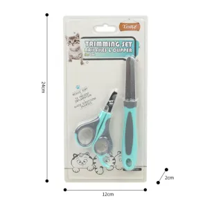 Detail view of the pet nail clipper and file set in blister packaging, showing clear tools and sizes.
