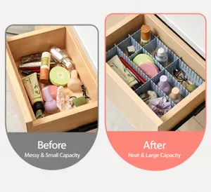 Adjustable plastic drawer divider organizer for cosmetics and underwear storage.