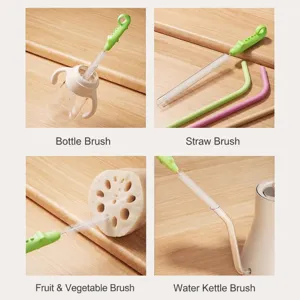 Multipurpose cleaning brush set with long handle for baby bottles, straws, and cups.