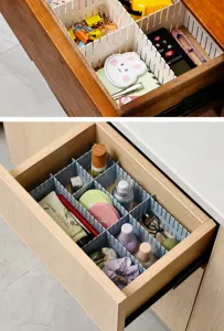 Adjustable plastic drawer dividers grid organizer for makeup and sundries storage.