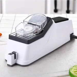 Electric automatic knife sharpener kitchen tool with clear protective cover and power cord.