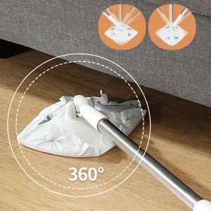 Flat mop with adjustable telescopic handle and 360 degree rotating head for cleaning.
