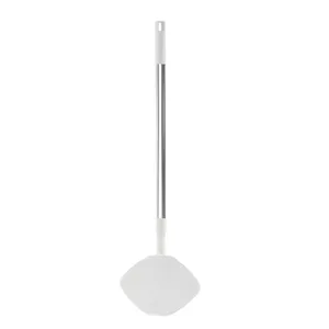 Adjustable flat mop with telescopic metal handle and white cleaning head for easy cleaning.