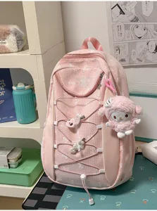 Süßer rosa Karierter Schulrucksack mit Schleife, großer Kapazität und Freizeittasche für Mädchen.