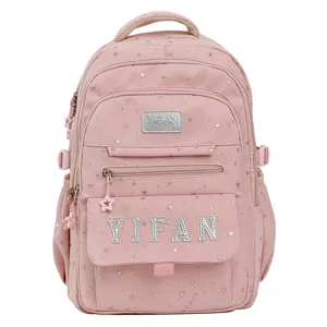 Rosa Sternmuster Schulrucksack Detailansicht, süße Schultasche mit Fächern für Schüler.