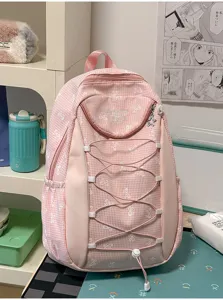 Süßer rosa karierter Studentenrucksack mit Schleifenstickerei und Gummizug für die Schule.