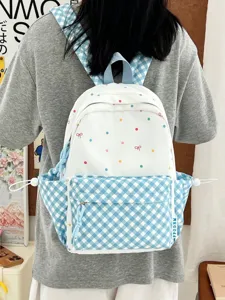 Japanischer Niedlicher Cartoon Polka Dot Karo Farbkontrast Studenten Rucksack Nylon Schulranzen Für Grund Mittelstufe Mädchen Mit Anhänger