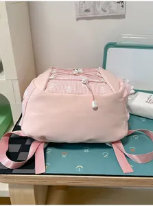 Süßer rosa Karierter Patchwork Schüler Rucksack, große Kapazität modische Schultasche.