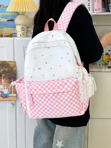 Süßer rosa-weißer Pünktchen-Karo-Schulrucksack für Mädchen, niedliche Freizeittasche neu