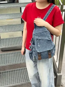 Vintage gewassen denim multifunctionele borsttas, veelzijdige enkele schouder crossbody rugzak.