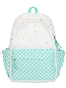 Süßer bunter Pünktchen und Karomuster Schulrucksack für Mädchen in Weiß und Türkis.