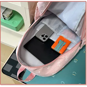 Rosa karierter Schulrucksack süße Schleife große Kapazität Studenten Tasche Alltag