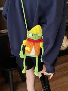 Sac bandoulière de téléphone grenouille en tricot, sac mignon color-block pour femmes.