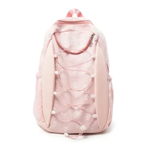 Niedlicher rosa karierter Schleifen-Schulrucksack mit großer Kapazität für Schülerinnen.
